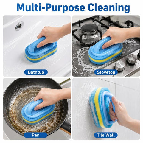 Multi-Purpose Scrub Sponge Brush With Handle Non-Scratch 3-Layer Thickened Polyester Fiber Scouring Pad For Pots, Pans, Stove