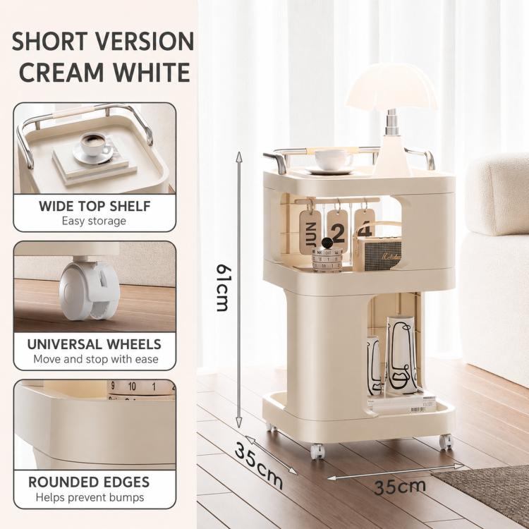 Mobile Side Table with Wheels 3-Tier Rolling Utility Cart Lockable Bedside Nightstand, Short Type Cream, Short Type Yellow, Tall Type Cream, Tall Type Yellow