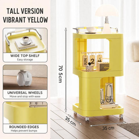 Mobile Side Table with Wheels 3-Tier Rolling Utility Cart Lockable Bedside Nightstand, Short Type Cream, Short Type Yellow, Tall Type Cream, Tall Type Yellow