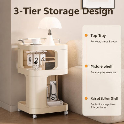 Mobile Side Table with Wheels 3-Tier Rolling Utility Cart Lockable Bedside Nightstand, Short Type Cream, Short Type Yellow, Tall Type Cream, Tall Type Yellow