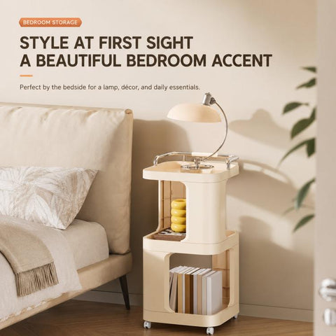 Mobile Side Table with Wheels 3-Tier Rolling Utility Cart Lockable Bedside Nightstand, Short Type Cream, Short Type Yellow, Tall Type Cream, Tall Type Yellow