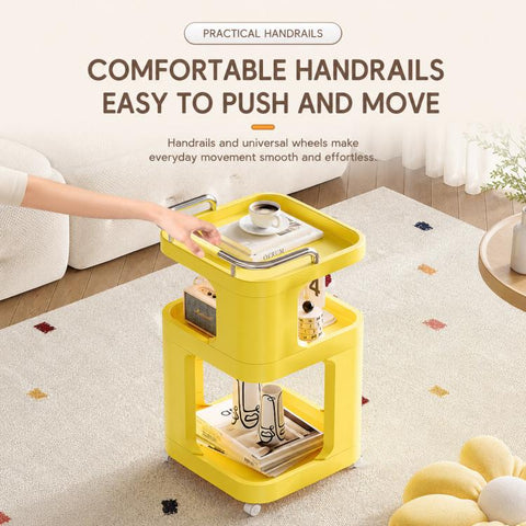 Mobile Side Table with Wheels 3-Tier Rolling Utility Cart Lockable Bedside Nightstand, Short Type Cream, Short Type Yellow, Tall Type Cream, Tall Type Yellow