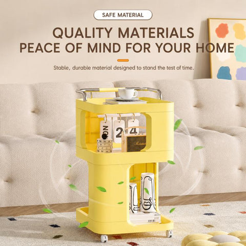 Mobile Side Table with Wheels 3-Tier Rolling Utility Cart Lockable Bedside Nightstand, Short Type Cream, Short Type Yellow, Tall Type Cream, Tall Type Yellow