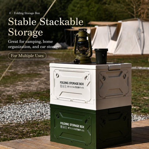 Collapsible Storage Bin with MDF Wooden Lid 5-Door Open Plastic Folding Storage Box Crate for Camping & Car Trunk, 49 x 35 x 29cm, 41 x 29 x 24.5cm