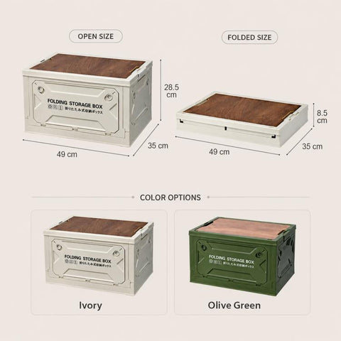 Collapsible Storage Bin with MDF Wooden Lid 5-Door Open Plastic Folding Storage Box Crate for Camping & Car Trunk, 49 x 35 x 29cm, 41 x 29 x 24.5cm