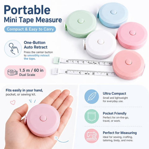 3-Piece Set 1.5m Round Plastic Ruler Automatic Retractable Tape Measure Household Mini Dual-Scale Metric / Imperial Measuring Tape