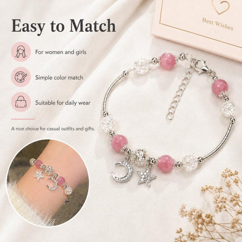 Star Moon Strawberry Quartz Bead Bracelet Women Exquisite Fringe Accessory