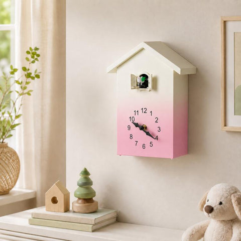 Modern Cuckoo Clock Kids House Shaped Wall Clock with Bird Chime Quiet Non-Ticking Decorative Wall Clock for Living Room Bedroom