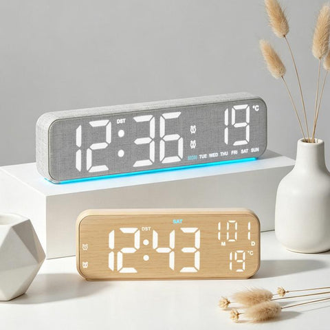 Modern LED Digital Desk Clock with Temperature Date, Silent Alarm Clock with Dual Alarm, 5801 Yellow Wood Grain, 5801 Grey Fabric, 5802 Yellow Wood Grain, 5802 Grey Fabric