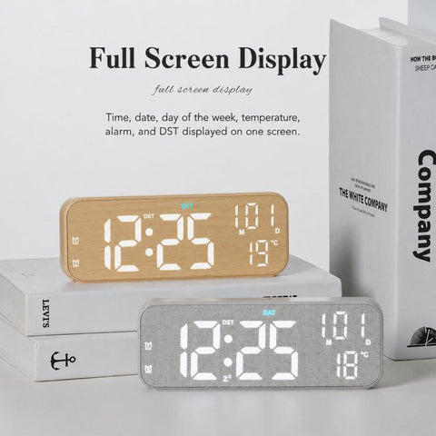 Modern LED Digital Desk Clock with Temperature Date, Silent Alarm Clock with Dual Alarm, 5801 Yellow Wood Grain, 5801 Grey Fabric, 5802 Yellow Wood Grain, 5802 Grey Fabric