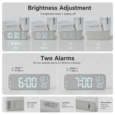 Modern LED Digital Desk Clock with Temperature Date, Silent Alarm Clock with Dual Alarm, 5801 Yellow Wood Grain, 5801 Grey Fabric, 5802 Yellow Wood Grain, 5802 Grey Fabric