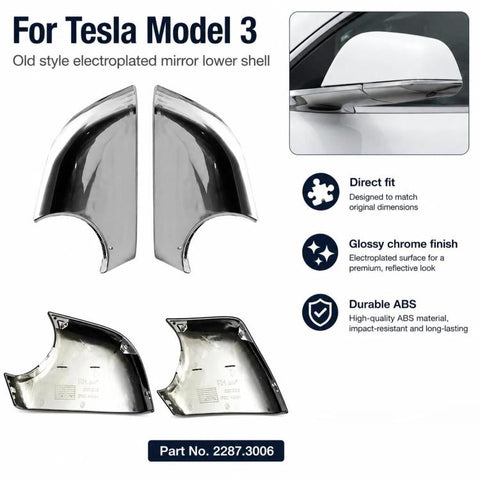 For 2017-2022 Tesla Model 3 Electroplated Rearview Mirror Back Cover 2287.3006, Left, Right