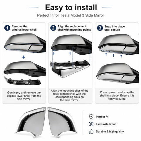 For 2017-2022 Tesla Model 3 Electroplated Rearview Mirror Back Cover 2287.3006, Left, Right