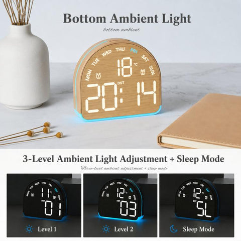LED Digital Alarm Clock with Bottom Ambient Light Desk Clock with Temperature DST Dual Alarm
