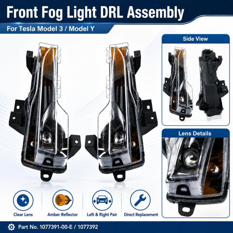 For 2021-2023 Tesla Model 3 / Y US Front Fog Lights Daytime Running Lights 1077391-00-E / 1077392, Left, Right