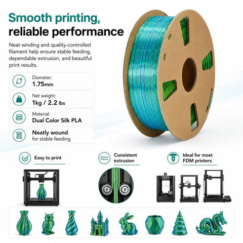 Dual Color Silk PLA Filament 1.75mm 1kg Spool Magic Color Shifting Shiny Metallic 3D Printing Material