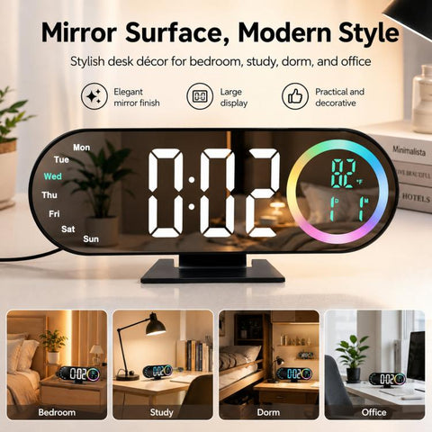 RGB Mirror Digital Alarm Clock With LED Night Light Temperature Week Display