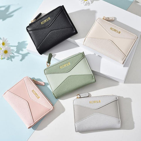 RECHRSLM 6614-2 Color Block Short Women Wallet Simple 2-Fold Student Card Holder