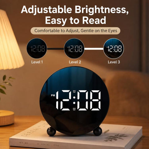 Circular LED Digital Alarm Clock Dimmable Bedside Desk Clock With Dual Alarms