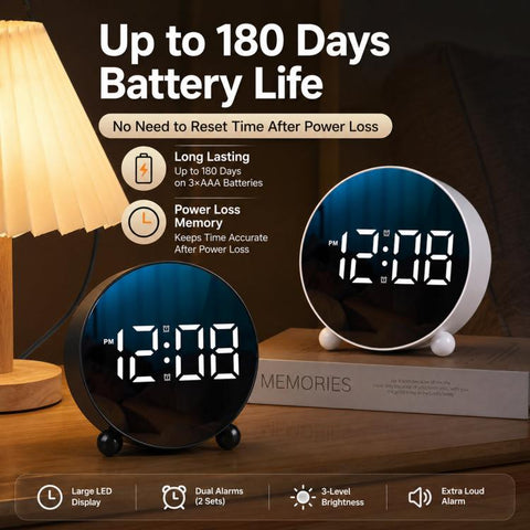 Circular LED Digital Alarm Clock Dimmable Bedside Desk Clock With Dual Alarms