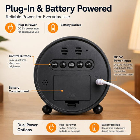 Circular LED Digital Alarm Clock Dimmable Bedside Desk Clock With Dual Alarms