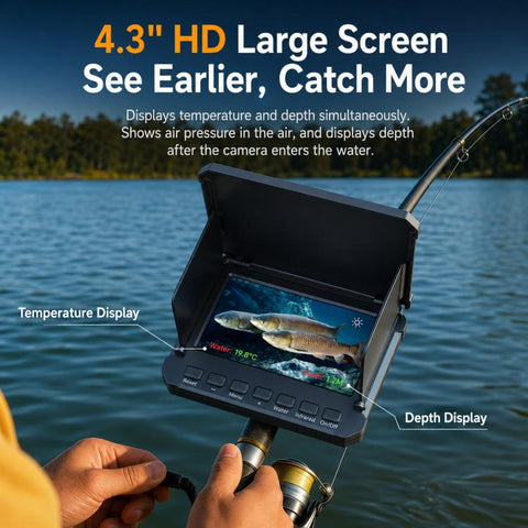4.3 inch Fully Waterproof Screen + Fish Finder With Temperature & Depth Sensors HD Visual Underwater Fishing Probe, 15m, 20m, 30m