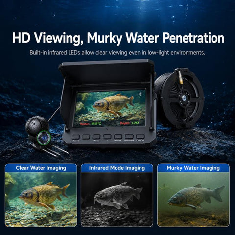 4.3 inch Fully Waterproof Screen + Fish Finder With Temperature & Depth Sensors HD Visual Underwater Fishing Probe, 15m, 20m, 30m