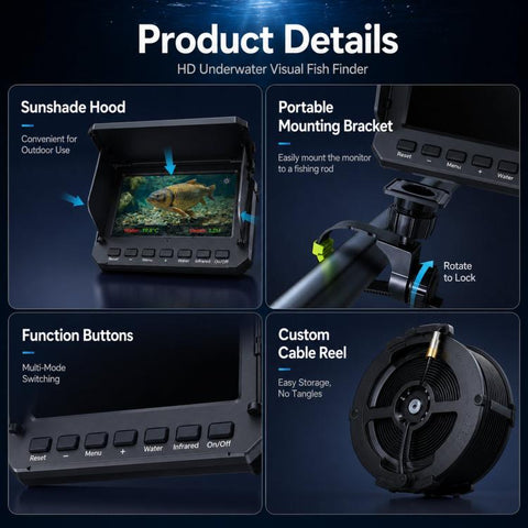 4.3 inch Fully Waterproof Screen + Fish Finder With Temperature & Depth Sensors HD Visual Underwater Fishing Probe, 15m, 20m, 30m