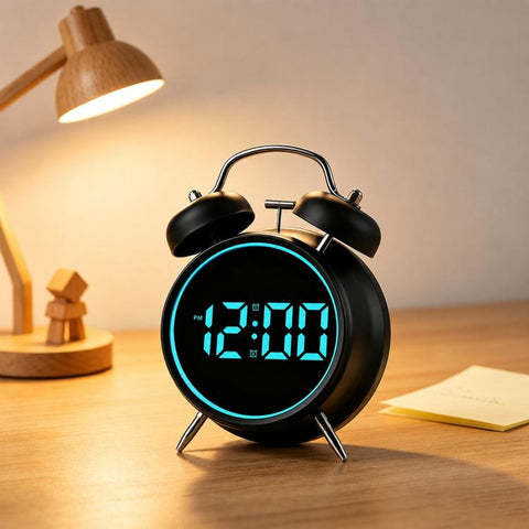 Retro Twin Bell Digital Alarm Clock Loud Bedside Clock with Colorful Glowing Ring Silent LED Desktop Clock with USB & Battery Backup