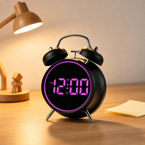 Retro Twin Bell Digital Alarm Clock Loud Bedside Clock with Colorful Glowing Ring Silent LED Desktop Clock with USB & Battery Backup
