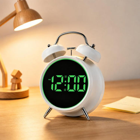 Retro Twin Bell Digital Alarm Clock Loud Bedside Clock with Colorful Glowing Ring Silent LED Desktop Clock with USB & Battery Backup
