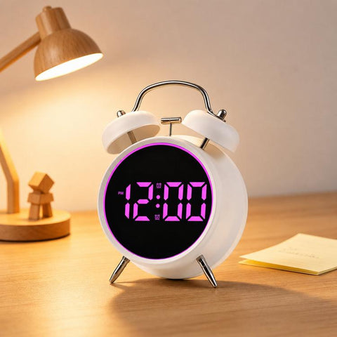 Retro Twin Bell Digital Alarm Clock Loud Bedside Clock with Colorful Glowing Ring Silent LED Desktop Clock with USB & Battery Backup