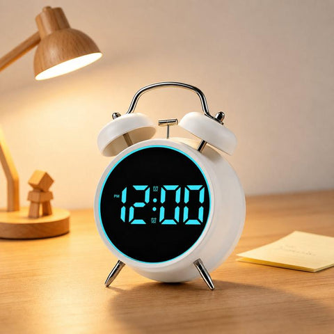 Retro Twin Bell Digital Alarm Clock Loud Bedside Clock with Colorful Glowing Ring Silent LED Desktop Clock with USB & Battery Backup