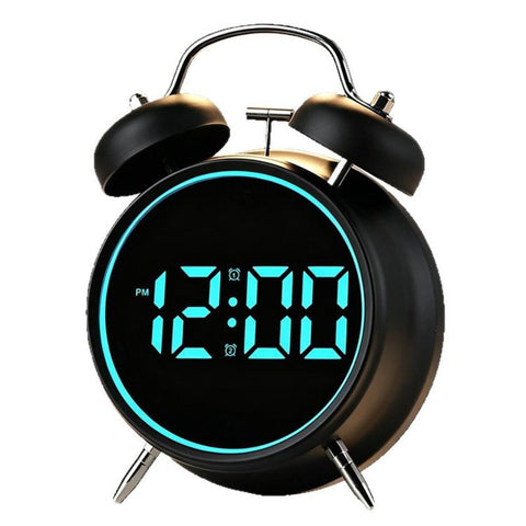 Retro Twin Bell Digital Alarm Clock Loud Bedside Clock with Colorful Glowing Ring Silent LED Desktop Clock with USB & Battery Backup