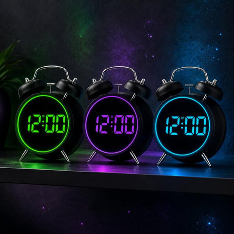 Retro Twin Bell Digital Alarm Clock Loud Bedside Clock with Colorful Glowing Ring Silent LED Desktop Clock with USB & Battery Backup