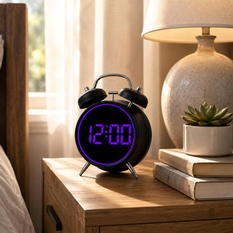 Retro Twin Bell Digital Alarm Clock Loud Bedside Clock with Colorful Glowing Ring Silent LED Desktop Clock with USB & Battery Backup