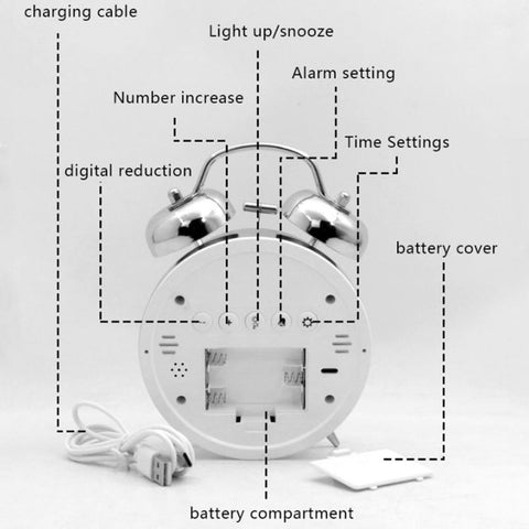 Retro Twin Bell Digital Alarm Clock Loud Bedside Clock with Colorful Glowing Ring Silent LED Desktop Clock with USB & Battery Backup