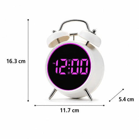 Retro Twin Bell Digital Alarm Clock Loud Bedside Clock with Colorful Glowing Ring Silent LED Desktop Clock with USB & Battery Backup