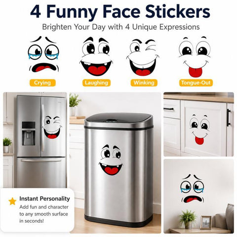 4pcs / Set 7.9 Inch Funny Face Stickers Waterproof Self-Adhesive Decals for Trash Cans / Refrigerator