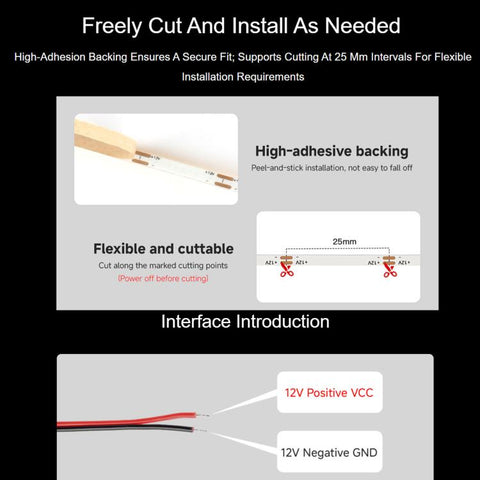 Waveshare 4000K DC 12V 5m 480 LEDs/m Single-Color COB Soft Light Strip No Light Spots Supports Free Cutting, 2mm Width, 4mm Width
