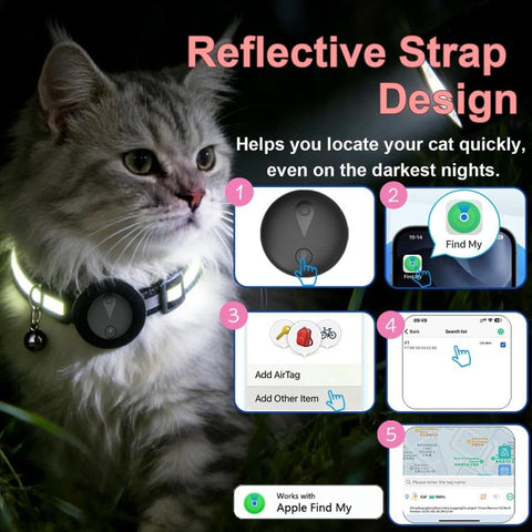 Cat Tracker Collar Compatible With Apple Find My Reflective Pet GPS Finder With Breakaway Safety Buckle & Bell