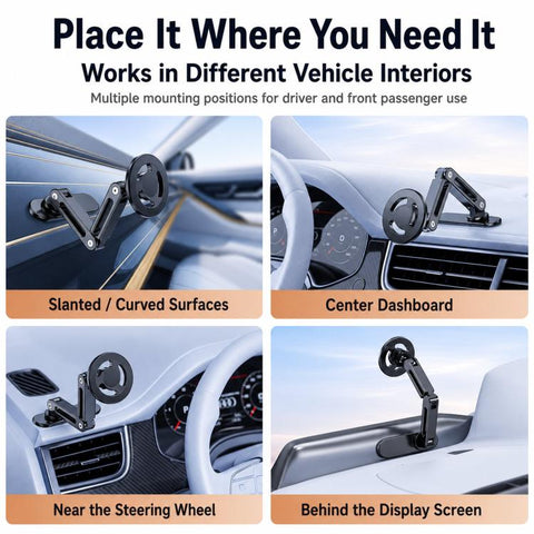 Car Phone Mount with Elongated Base Double-Jointed Holder for Curved Dashboard, Ring Magnetic Head, Solid Magnetic Head, Base with 17mm Ball No Magnetic Head