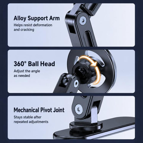 Car Phone Mount with Elongated Base Double-Jointed Holder for Curved Dashboard, Ring Magnetic Head, Solid Magnetic Head, Base with 17mm Ball No Magnetic Head
