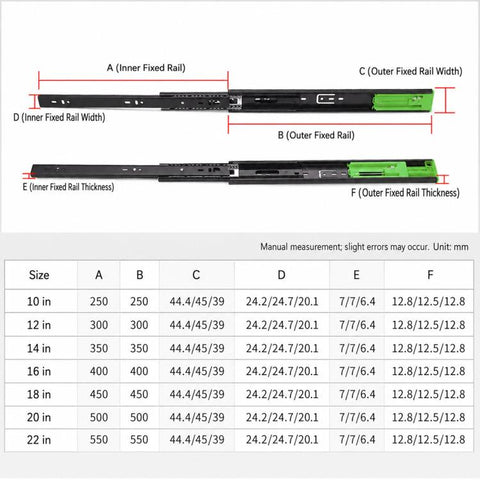 1pair Heavy-Duty Soft-Close Drawer Slides Thickened 3-Section Silent Soft-Close Slide Rails, Black Steel 10 inch 25cm, Black Steel 12 inch 30cm, Black Steel 14 inch 35cm, Black Steel 16 inch 40cm, Black Steel 18 inch 45cm, Black Steel 20 inch 50cm     ...
