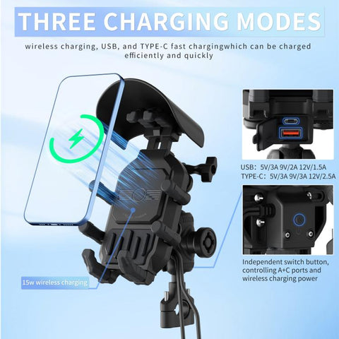 Motorcycle Shock-Absorbing Wireless Fast Charging Camera Phone Navigation Holder, Handlebar