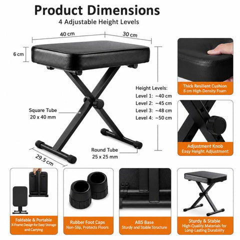 Foldable Portable Height-Adjustable Single X-Shaped Piano Stool