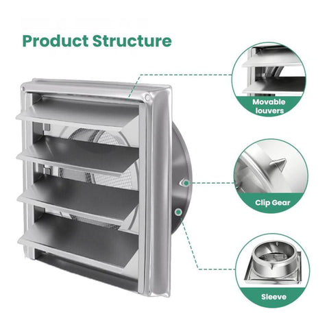 304 Stainless Steel Dryer Air Outlet Cover Outdoor Wall Grille Louver Cover, 4-inch With Insect Netting, 5-inch With Insect Netting, 6-inch With Insect Netting, 4-inch Without Insect Netting, 5-inch Without Insect Netting, 6-inch Without Insect Netting