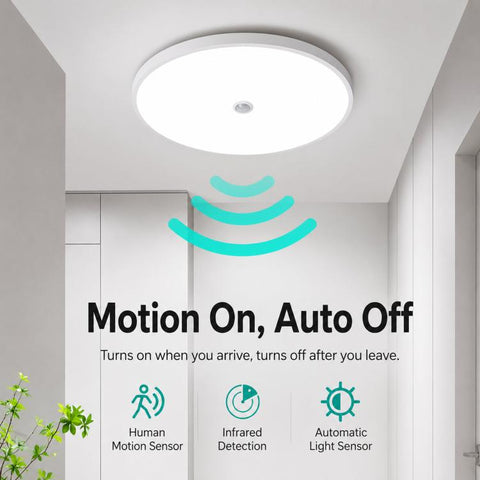 LED Motion Sensor Ceiling Light Flush Mount Dustproof Light with Photocell 6500K Cool White, 12W 23cm, 18W 30cm, 24W 38cm