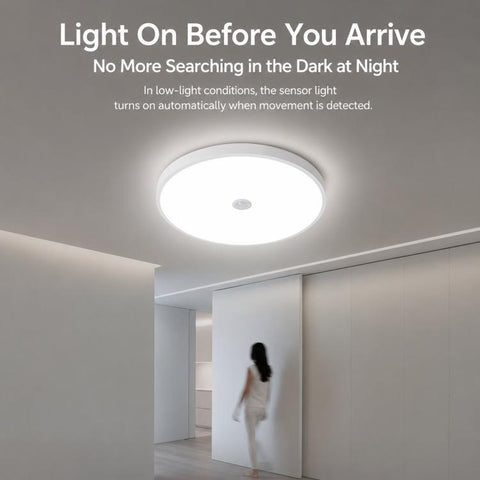 LED Motion Sensor Ceiling Light Flush Mount Dustproof Light with Photocell 6500K Cool White, 12W 23cm, 18W 30cm, 24W 38cm