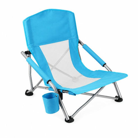 Folding Beach Chair Picnic Camping Lawn Lounge Seat With Breathable Mesh Back and Cup Holder